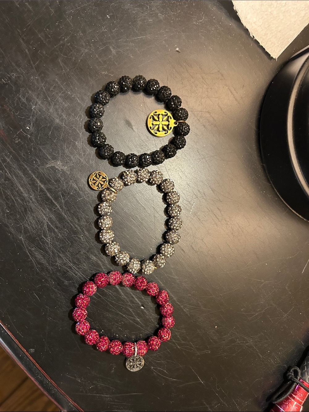 Rustic Cuff Black, Silver & Red Pave Bead Bracelet Set